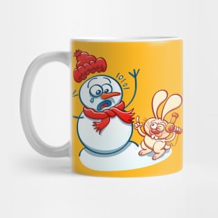 Naughty bunny stealing the carrot nose of a Christmas snowman with a hair dryer Mug